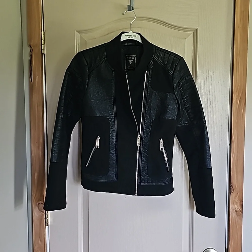 Vintage Guess Women's Jacket Small Black Faux Leather Full Zip Motorcycle Jacket - Picture 1 of 8